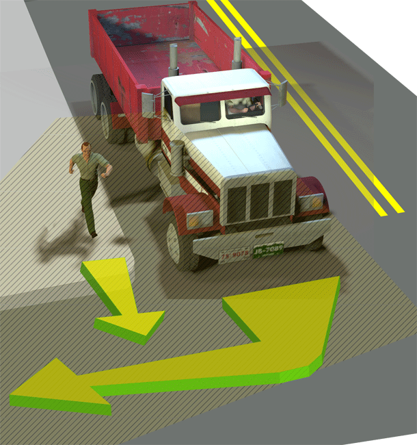 image showing the visibility from a big truck driver line of sight not being able to see the pedestrian on the sidewalk about to cross the street at an intersection.